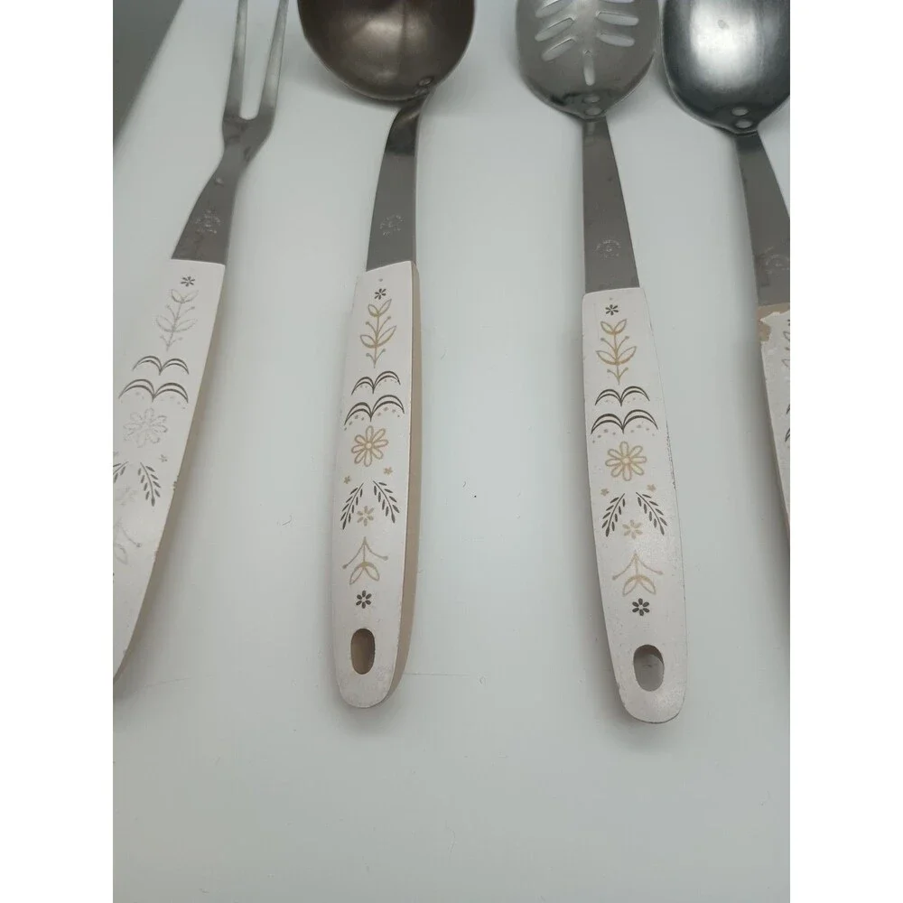 Vtg Flint Ekco Harvest Wheat Stainless 5 Piece Serving Set Slotted Spoon Ladle